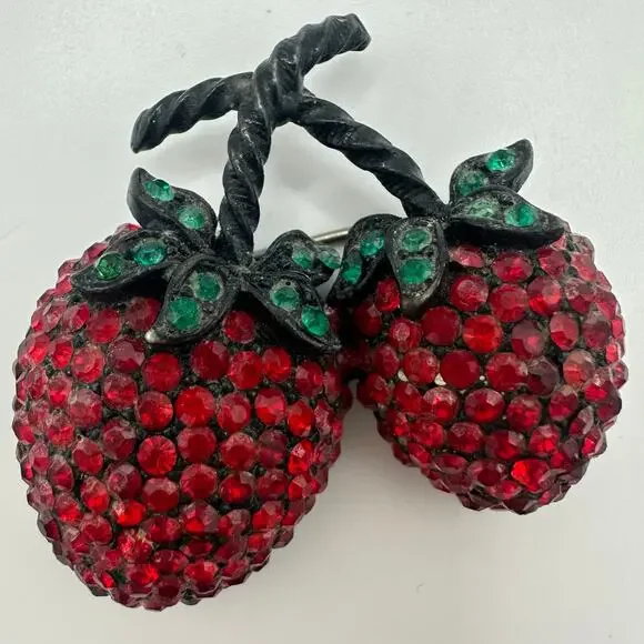 Weiss vintage black gunmetal red green rhinestones double strawberry brooch - Picture 3 of 8